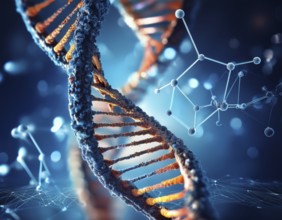 Colorful depiction of a DNA strand, highlighting molecular connections and biology insights,