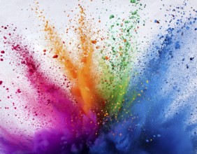 Vibrant and energetic multicolored powder explosion captured against awhite background. Evoking