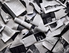 A collage of torn black-and-white newspaper and magazine pages creates a detailed and artistic