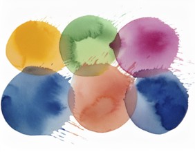 Colorful watercolor circles painted on a white background create a vibrant and artistic design.
