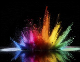 Vibrant and energetic multicolored powder explosion captured against a dark background. Evoking