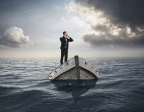 A surreal and contemplative scene of a businessman standing alone on a boat over calm ocean waters.