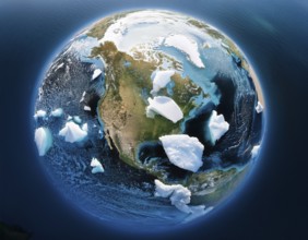 A symbolic depiction of Earth submerged in ocean water amidst melting ice, emphasizing climate