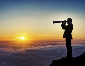 Businessman Standing on Mountain Peak Observing Horizon with Telescope, AI generated