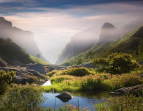 Tranquil meditation landscape with harmoniously fostering inner peace and serenity, AI generated