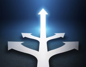 A bold blue arrow pointing upward, surrounded by four silver arrows. Represents leadership,