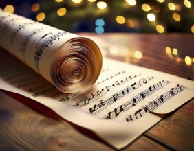 A close-up image of rolled sheet music placed on a rustic surface, highlighted by a warm bokeh