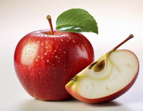 Close-up of a vibrant red apple with a green leaf and a sliced half, showcasing its glossy texture