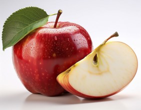 Close-up of a vibrant red apple with a green leaf and a sliced half, showcasing its glossy texture