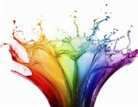 A vivid and dynamic display of multicolored paint splashing in motion against a pristine white