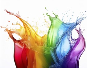 A vivid and dynamic display of multicolored paint splashing in motion against a pristine white