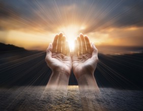 Image of open hands embracing a radiant light source, embodying concepts of hope, spirituality, and