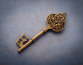 The intricately designed antique gold key lies on a dark leather surface, exuding mystery and