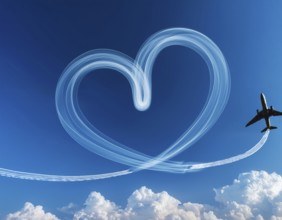 An airplane creates heart-shaped contrails in a vivid blue sky above fluffy white clouds,