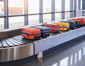 Baggage on a conveyor belt at an airport providing a travel and departure theme, AI generated