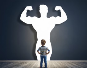 A young boy gazes at his shadow, transformed into a superhero, symbolizing imagination, dreams, and
