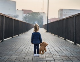 A young child stands alone holding a teddy bear in an urban outdoor setting, symbolizing innocence