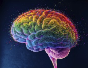 Vivid artistic interpretation of a human brain featuring a spectrum of colors and dotted patterns.