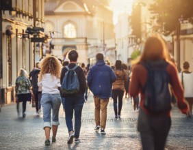 A vibrant urban street captures a diverse crowd enjoying a stroll under the warm sunlight, with