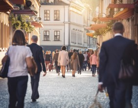 A vibrant urban street captures a diverse crowd enjoying a stroll under the warm sunlight, with