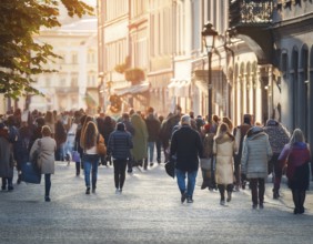 A vibrant urban street captures a diverse crowd enjoying a stroll under the warm sunlight, with