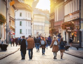 A vibrant urban street captures a diverse crowd enjoying a stroll under the warm sunlight, with