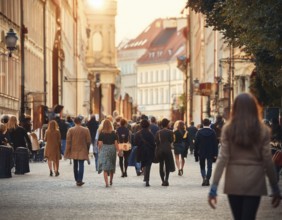 A vibrant urban street captures a diverse crowd enjoying a stroll under the warm sunlight, with