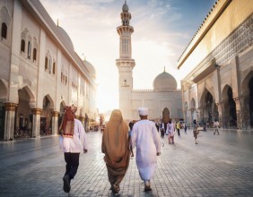 Travelers walk through an scanic architecture and culture of Muslim country, AI generated