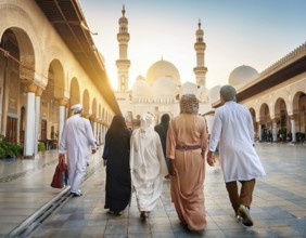Travelers walk through an scanic architecture and culture of Muslim country, AI generated