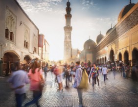 Travelers walk through an scanic architecture and culture of Muslim country, AI generated