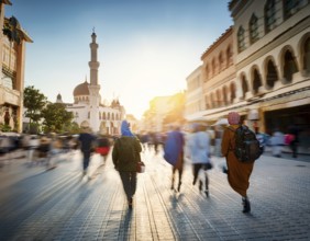 Travelers walk through an scanic architecture and culture of Muslim country, AI generated