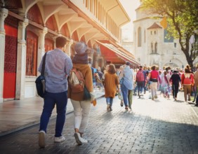 Travelers walk through an scanic architecture and culture of Muslim country, AI generated
