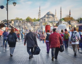 Travelers walk through an scanic architecture and culture of Muslim country, AI generated