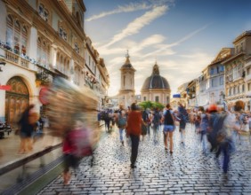 Historical city square with iconic architecture, cobblestone streets, and vibrant motion of