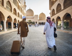 Travelers walk through an scanic architecture and culture of Muslim country, AI generated