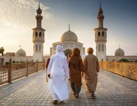 Travelers walk through an scanic architecture and culture of Muslim country, AI generated