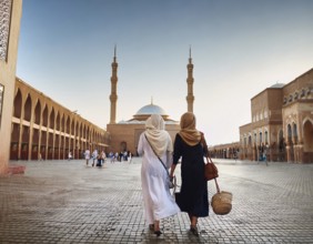 Travelers walk through an scanic architecture and culture of Muslim country, AI generated