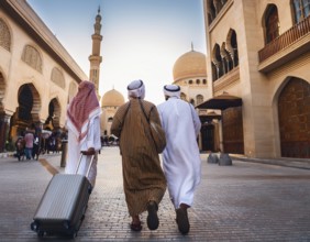 Travelers walk through an scanic architecture and culture of Muslim country, AI generated