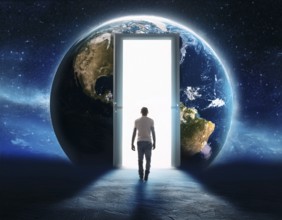 Illuminating image of a man before a radiant doorway, symbolizing exploration, opportunity, and
