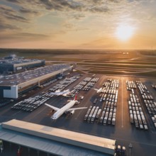 Photograph of airplanes parked at a terminal during sunset, showcasing airport workings under
