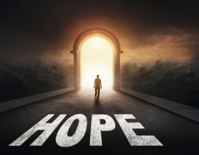 Man walking to new better world of hope and bright future, AI generated
