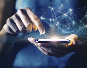 A close-up of a hand using a smartphone with a glowing digital network overlay, illustrating