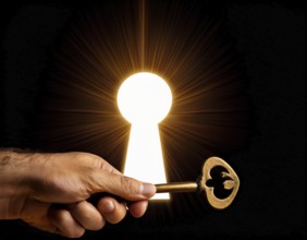 A hand holds an antique key, leading to a bright light in a keyhole shape, symbolizing opportunity,