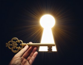 A hand holds an antique key, leading to a bright light in a keyhole shape, symbolizing opportunity,