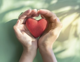 A pair of hands gently holding a red fabric heart, conveying themes of love, care, and compassion.