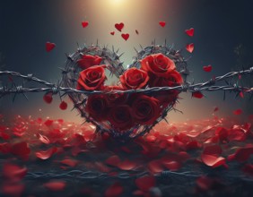 A symbolic depiction of a red heart entwined in barbed wire, embodying themes of emotional conflict