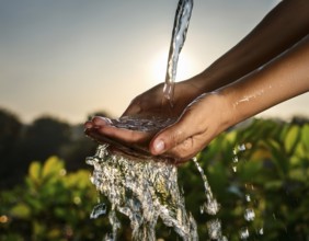 A pair of human hands collecting fresh water flowing from a source, surrounded by grassy landscape,