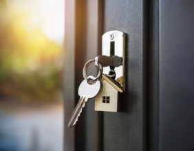 A key with a house-shaped keychain inserted into a keyhole, symbolizing home security and property