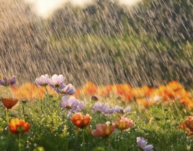 Colorful wildflowers bloom vibrantly under a gently falling rain, creating a serene natural scene