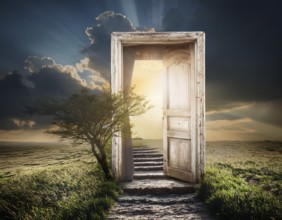 Glowing door is a portal to another world. Mysterious door with glowing light, AI generated